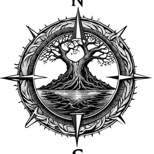 tattoo of the Yggdrasil tree, fussioned with the compass rose, in the center of the compass rose a small island floating tattoo design idea