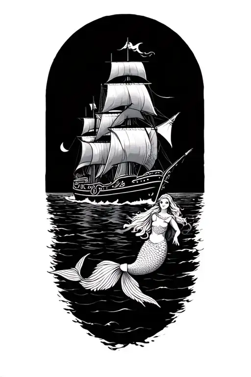naval traditional with eales, mermaids and ships tattoo design idea