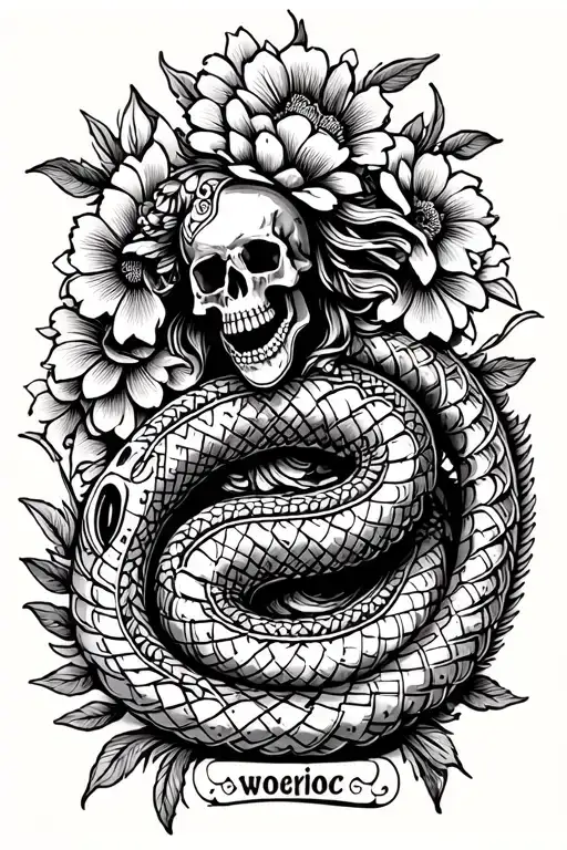 aztec serpent god with flowers and skulls surrounded tattoo design idea