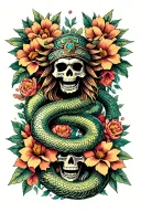 aztec serpent god with flowers and skulls surrounded tattoo design idea