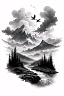 dramatic sky with tiny birds, then mountains, and dark forest, and the river flowing down (tattoo for forearm) tattoo design idea