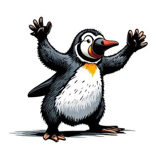 A cartoon-style penguin inspired by the Grateful Dead dancing bear, standing in a playful dancing pose, colorful and psy tattoo design idea