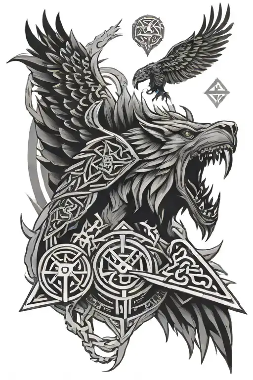 Fenrir, Raven and Valknut Symbol tattoo design idea