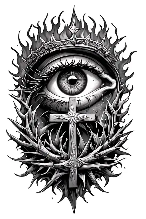 detailed eye on hand three crosses bush of fire crown thorns maybe around elbow siblings birthdays including nadia  tattoo design idea