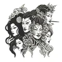 3 Japanese faces blackwork tattoo design idea