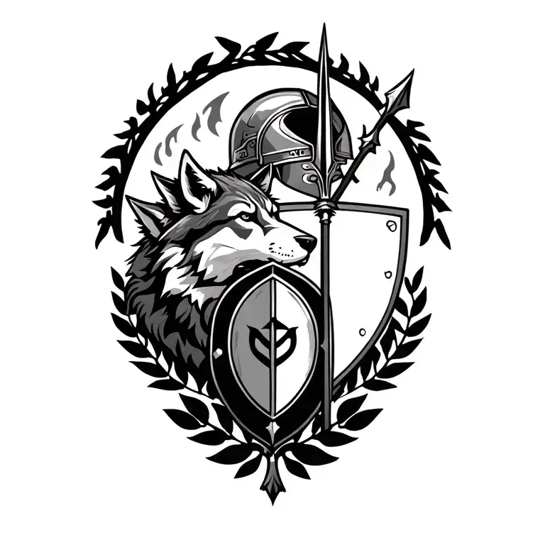 "Αρης" wolf and boar head behind hoplite shield with spear, above: hoplite helmet with laurels, fire half ring around it all tattoo design idea