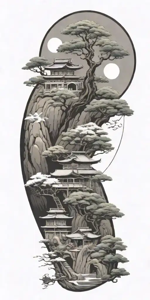 budism symbols that are uncommon. focus on nature, scenery and being grounded while on a spiritual journey tattoo design idea