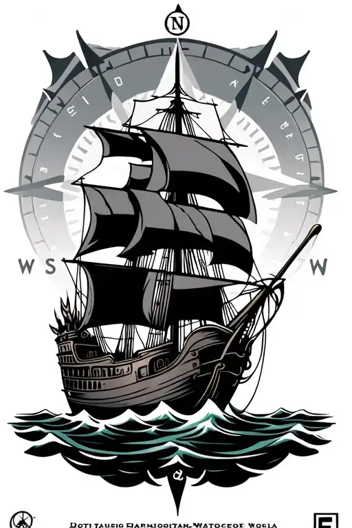 nordic compass backround with a viking ship with the Island flag sailing towards  tattoo design idea