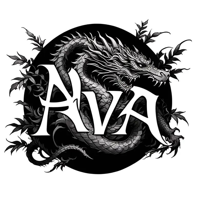 Chinese name Ava with a dragon wrapped with plants going vertical  tattoo design idea