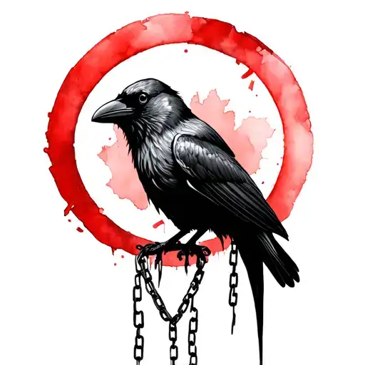 crow with red watercolour circle behind the head and broken chains  tattoo design idea