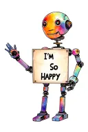 Robot Marvin from the Hitchhiking Galaxy. He has in his hands a sign with the inscription "I'M So Happy". Bright colorful background. tattoo design idea