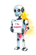 Robot Marvin from the Hitchhiking Galaxy. He has in his hands a sign with the inscription "I'M So Happy". Bright colorful background. tattoo design idea