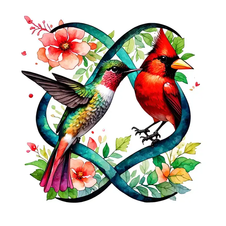 hummingbird and cardinal infinity symbol tattoo design idea