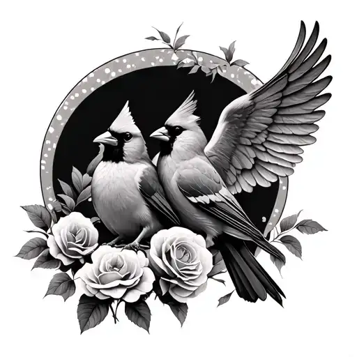 2 cardinals one sitting on a rose branch the other with its wings spread open like angel wings in the background  tattoo design idea