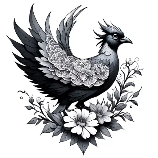 Mandala Phenix bird flowers and flower tendrils tattoo design idea