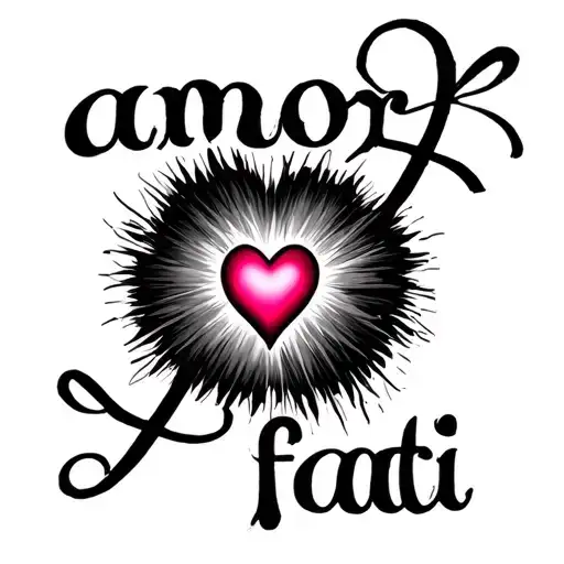cursive elegant text "amor fati" but f looks like a cross, dot in letter i is heart tattoo design idea