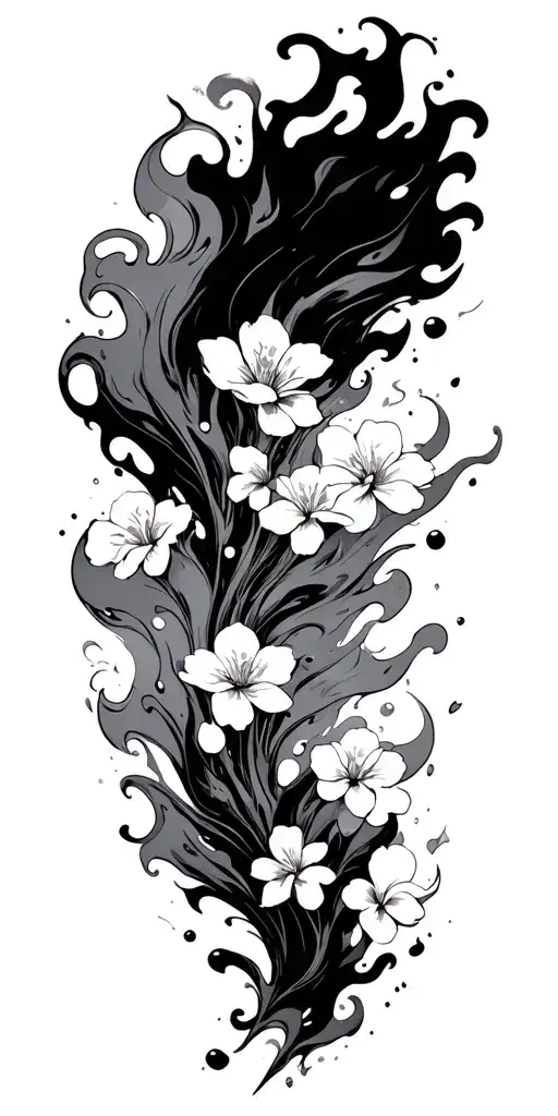Japanese manga with fluid fire, wind -type smoke and cherry flower background tattoo design idea