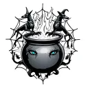 Witch, cauldron, hell hounds, fire, black, spiders, spells, spider webs, plus size, blue eyes, witchy tattoo design idea