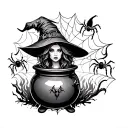 Witch, cauldron, hell hounds, fire, black, spiders, spells, spider webs, plus size, blue eyes, witchy tattoo design idea
