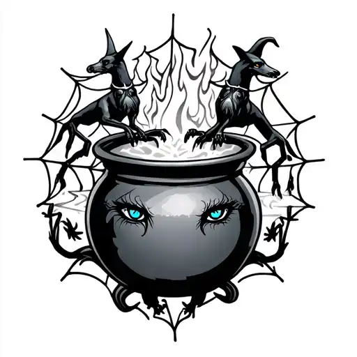 Witch, cauldron, hell hounds, fire, black, spiders, spells, spider webs, plus size, blue eyes, witchy tattoo design idea