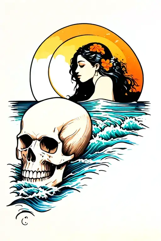 Create traditional Hawai’i souvenir tattoo. With upside down skull with ocean water inside with woman shadow facing sun tattoo design idea