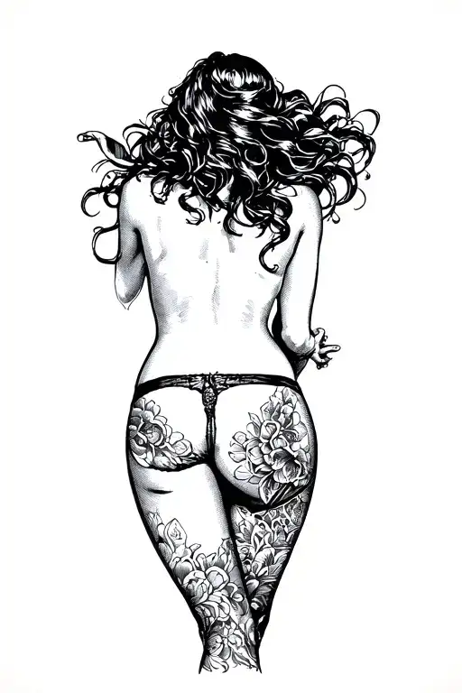 Pin up girl showing her back with her head turned looking at me topless wearing a thong. No Background. tattoo design idea