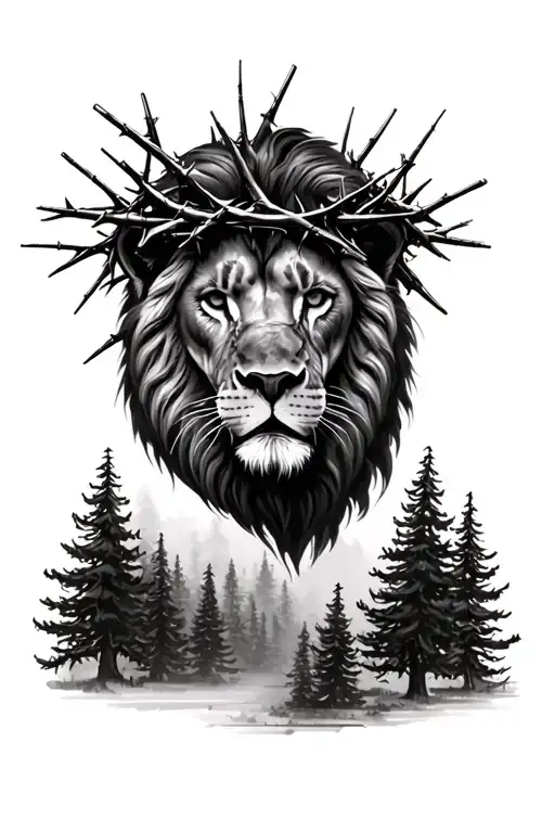 Lion head with crown of thorns and pine trees in the background tattoo design idea