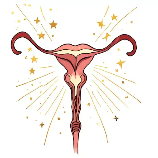Uterus tattoo: Celestial Touch- Uterus with tiny stars, moons, or sun rays incorporated, colored in gold or soft pastels tattoo design idea