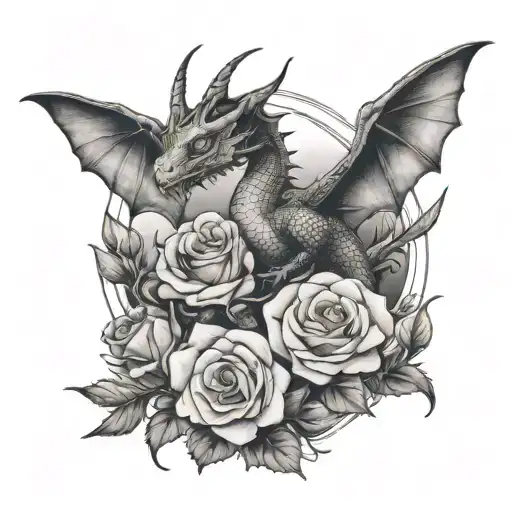 dainty dragon flying around graveyard roses blooming tattoo design idea
