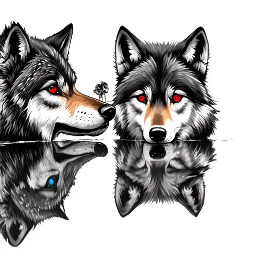 Realistic wolf with red eyes seeing a cub with blue eyes in the reflection tattoo design idea