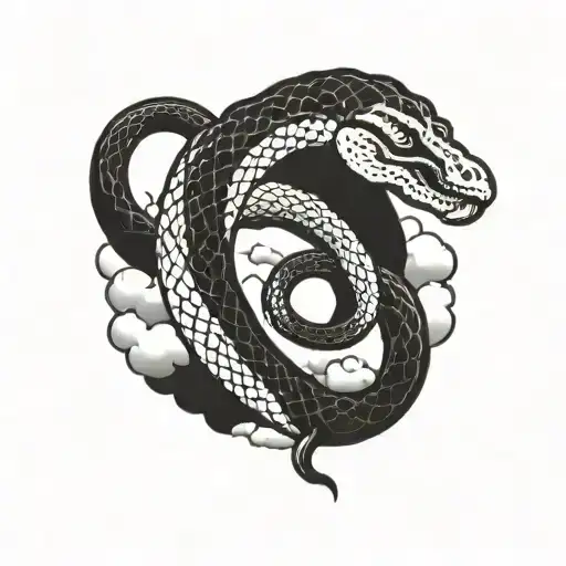 Ouroboros snake eating itself with clouds surrounding tattoo design idea
