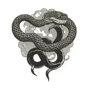 Ouroboros snake eating itself with clouds surrounding tattoo design idea