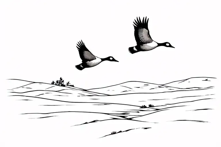 Wild geese Flying over desert landscape black and white tattoo design idea