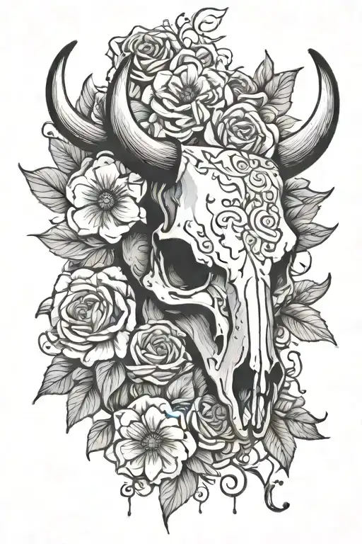 steer skull with flowers tattoo design idea