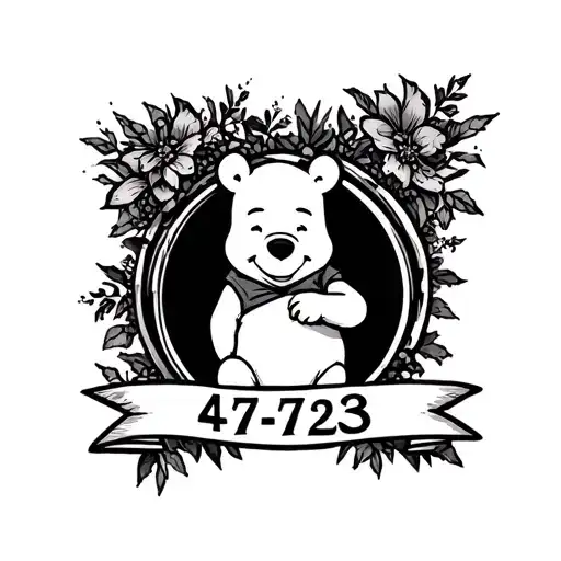 winnie the pooh with 4/7/23 banner underneath tattoo design idea