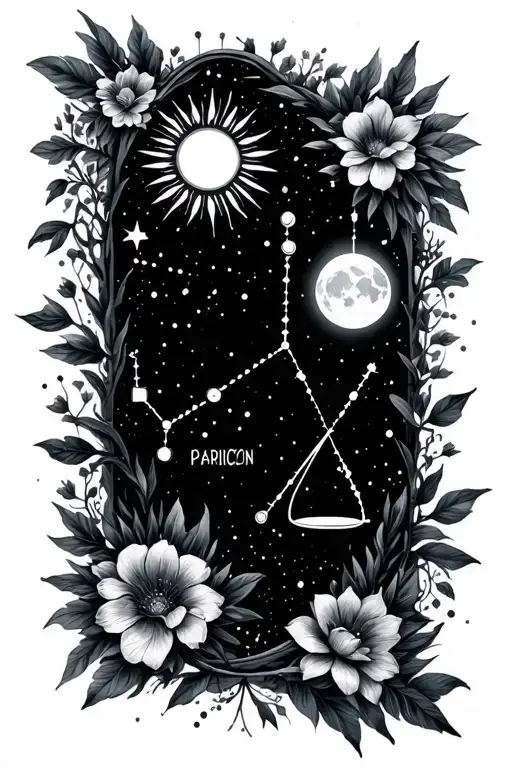 zodiac constellations capricorn libra water with moon sun and infinity sign and flowers tattoo design idea