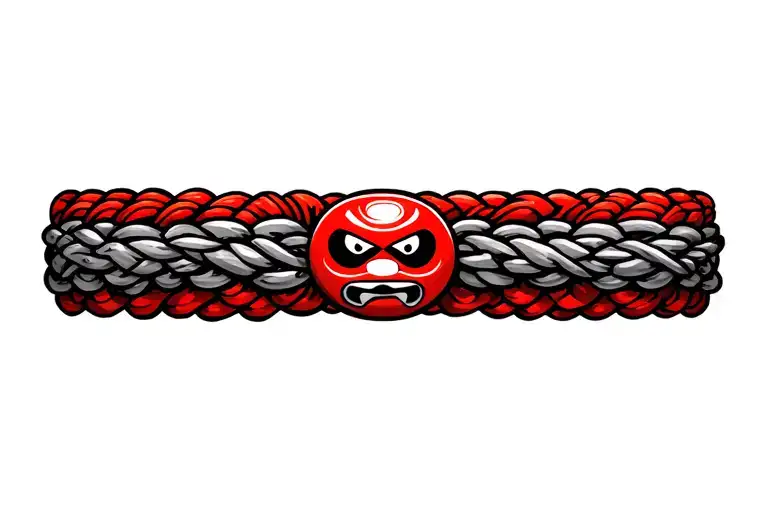 Japanese tattoo bracelet design wrapping around the upper arm, featuring a bold red Daruma doll as the centerpiece, surr tattoo design idea