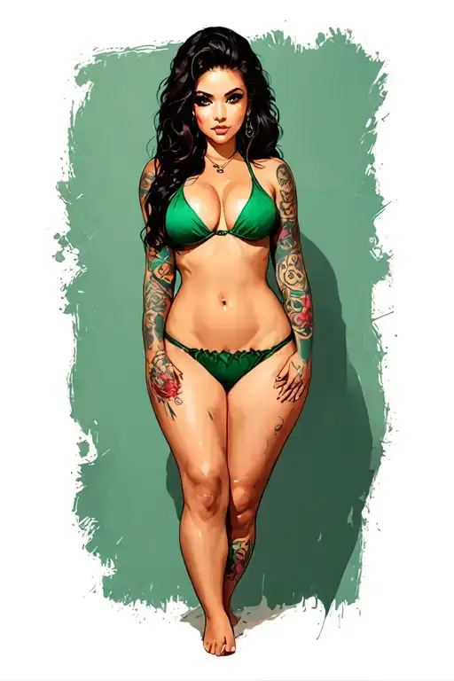 Sexy girl, petite, small boobs, wide hips,  Green Thong .sexual. Seductive. bending over showing thong. tattoo design idea
