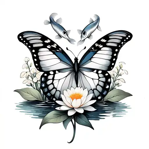 Aquarius and Pisces butterfly intertwined surrounded by water lily of the valley and fish tattoo design idea