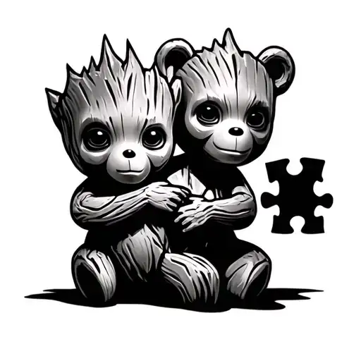 baby groot holding a puzzle piece teddy bear tattoo design idea