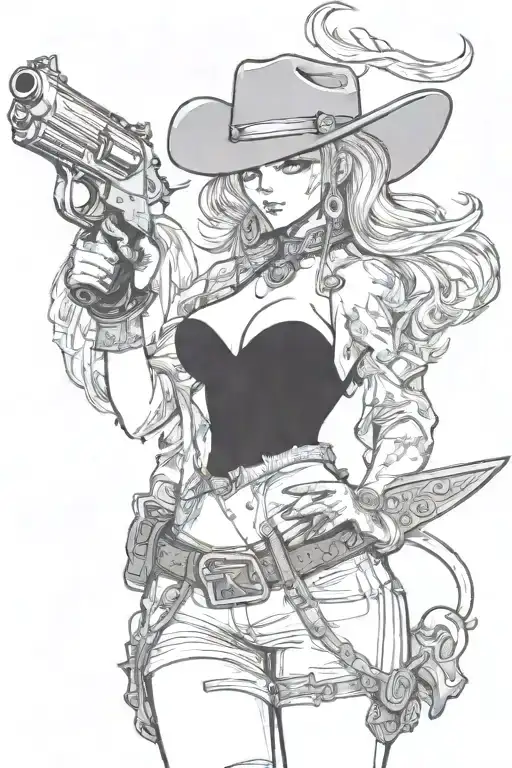 Western Busty Cowgirl devil Holding A gun tattoo design idea