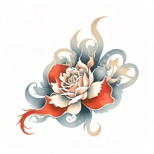 asiatisch, drache, blumen, watercolor, tribal, coverup, hipbone, red, rose and black tattoo design idea