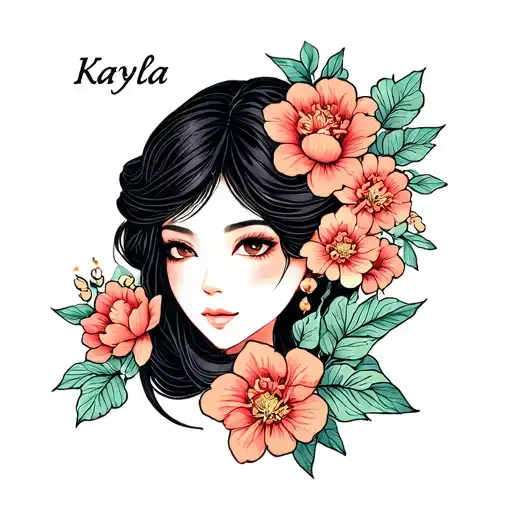 Kayla name with Asian face and flowers intertwined tattoo design idea