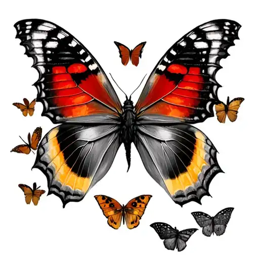 Red Admiral Butterfly, on top of painted jezebel butterfly, on top of painted lady butterfly, on top of common buckeye tattoo design idea
