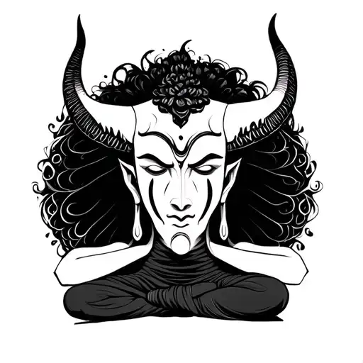 "Calm" buda half meditating devil face tattoo design idea