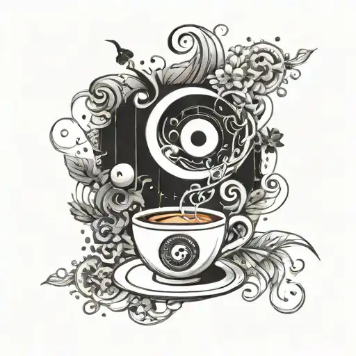 A programming code design with yin and yang elements and coffee cup accents tattoo design idea