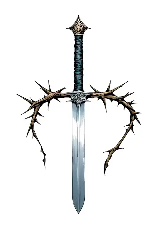 sword pointing down with a crown of thorns hanging on its hilt tattoo design idea