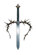 sword pointing down with a crown of thorns hanging on its hilt tattoo design idea