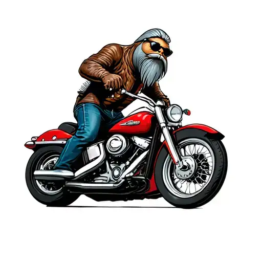 create an image of a male walrus biker wear leathers, sunglasses with along grey goatee riding a red harley ultra limite tattoo design idea