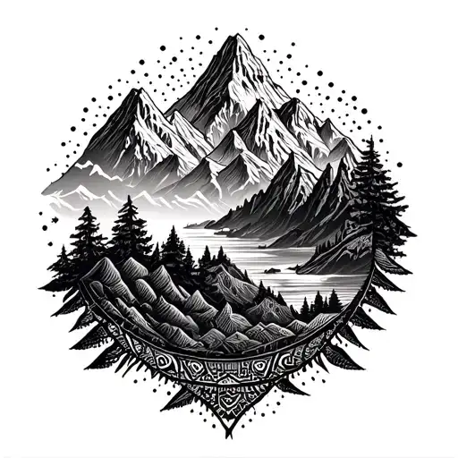 Incorporate Nepali Dhaka patterns into a tribal sleeve design with mountain elements tattoo design idea